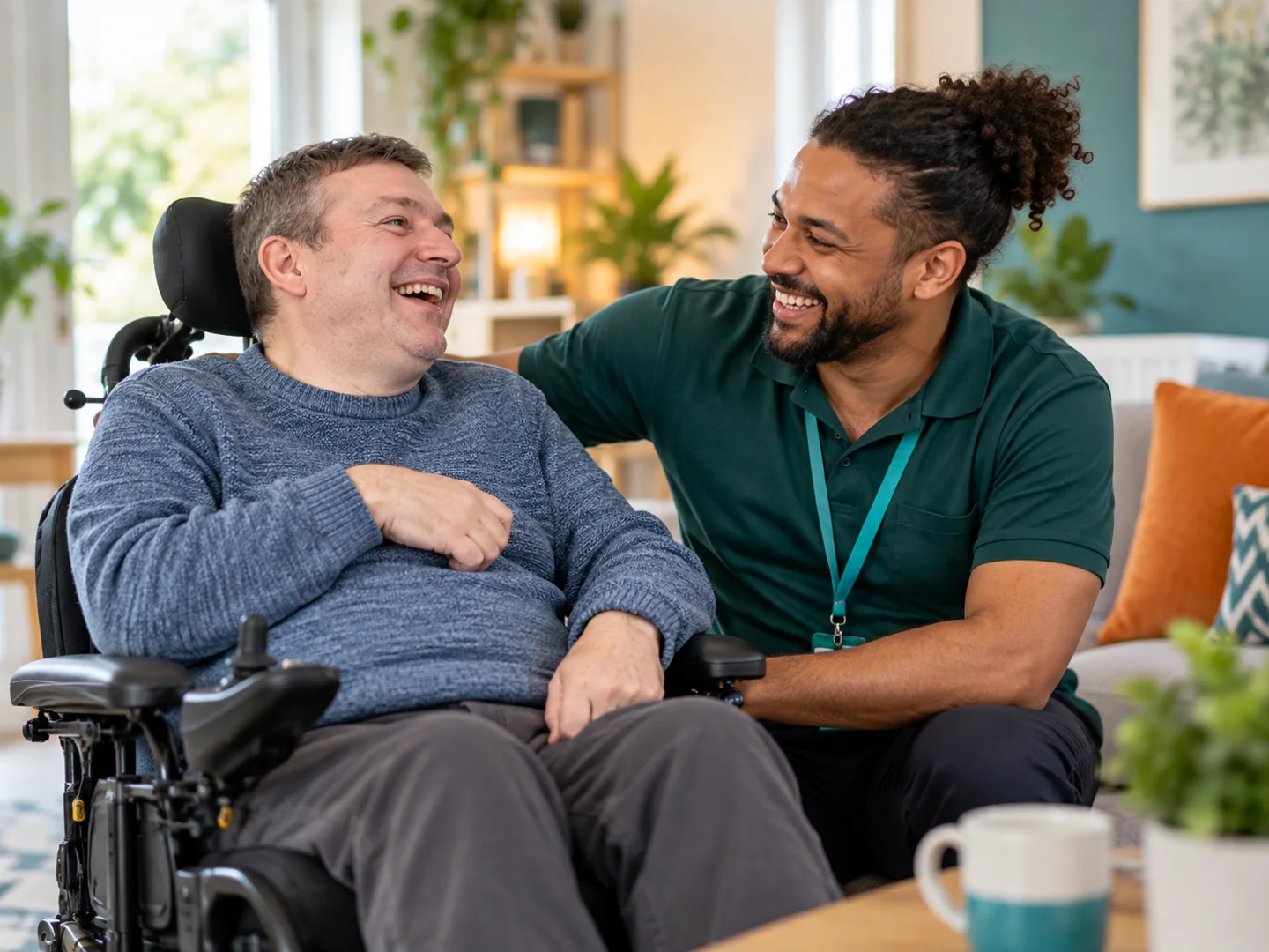 Two adults sharing a laugh in a comfortable living room.
