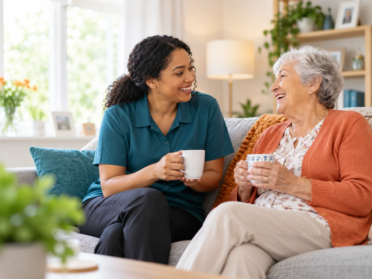 Two adults enjoying a conversation over tea in a bright living room.