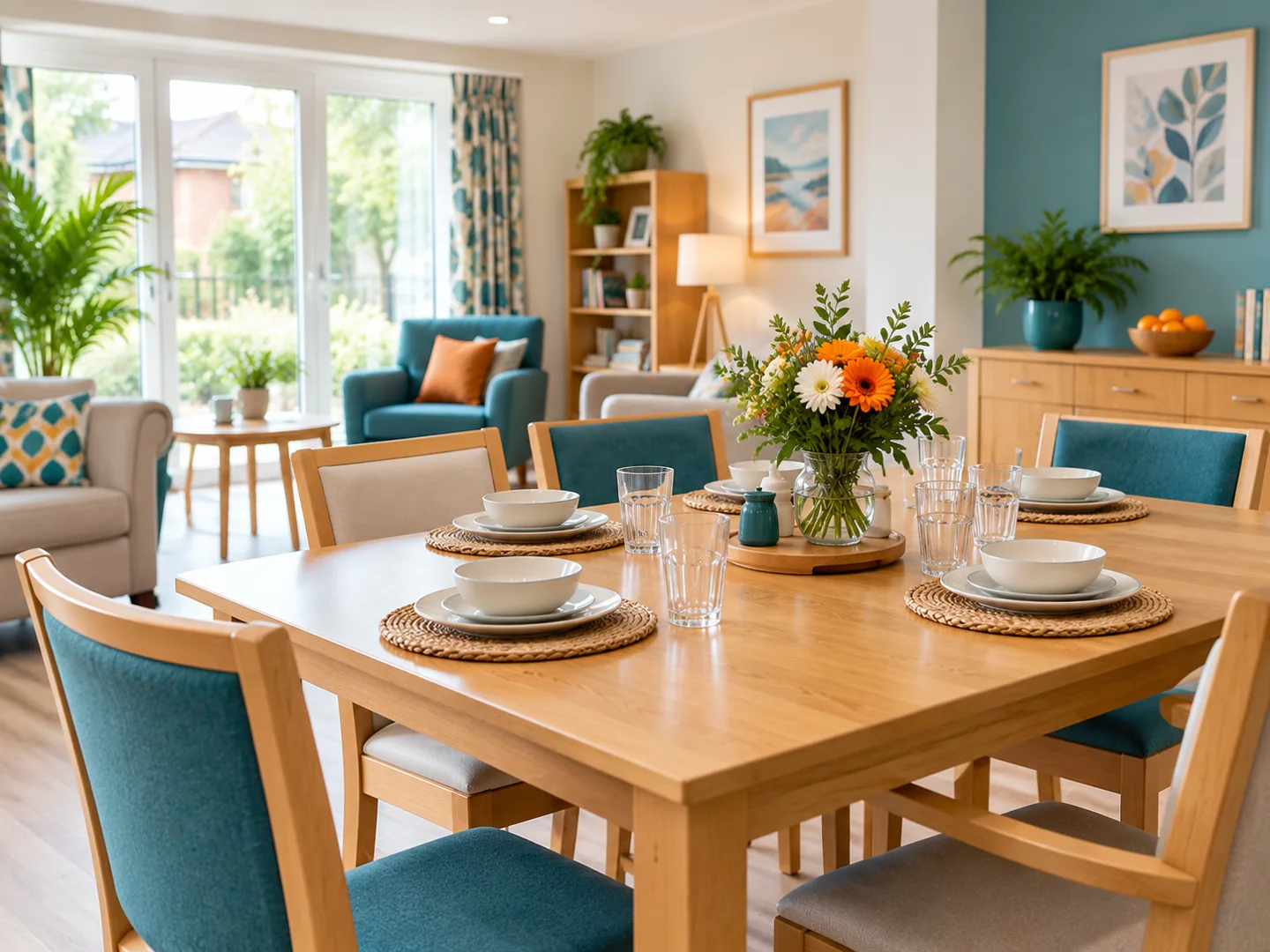 A bright, welcoming dining and living space.
