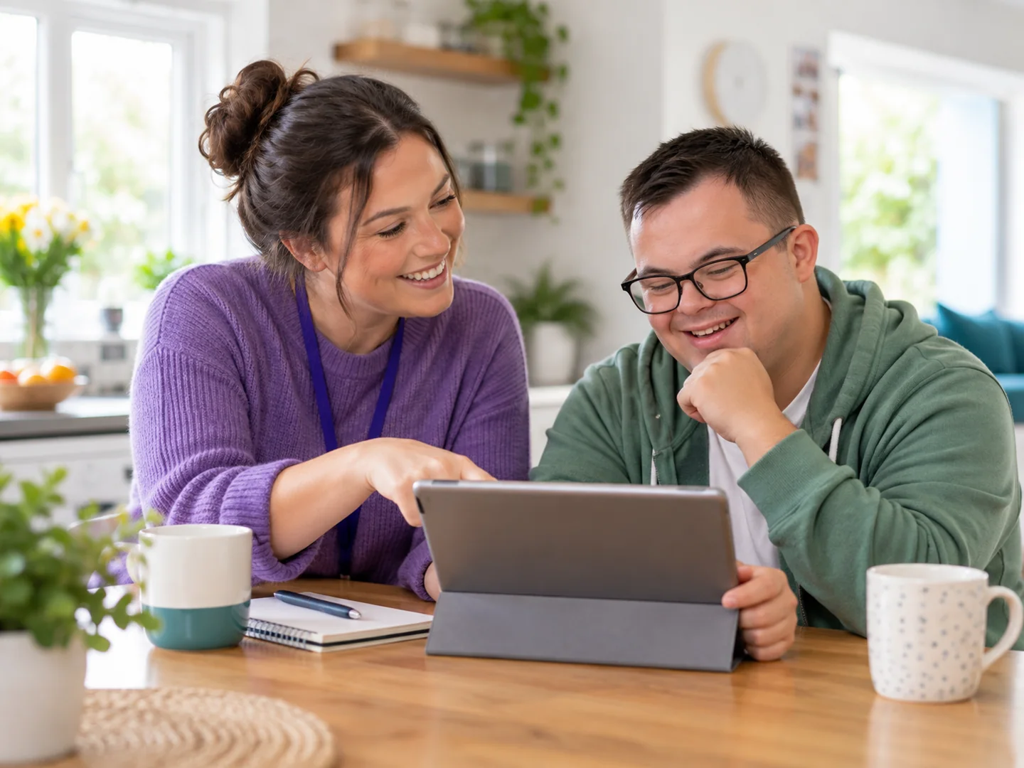 Two adults looking at a tablet together at a kitchen table.